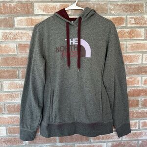 North Face Logo Hoodie Sweatshirt Gray Maroon Women’s Medium